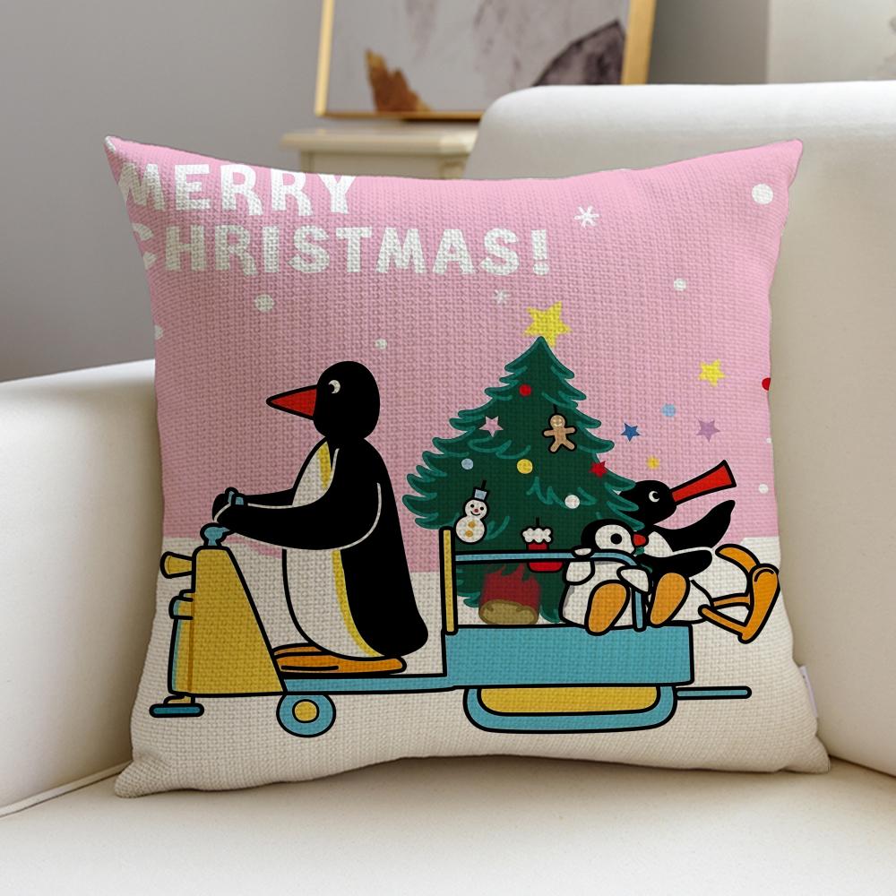 Cute PPinguS Cushion Cover Breathable and skinfriendly linen pillowcase square removable and washable cushion