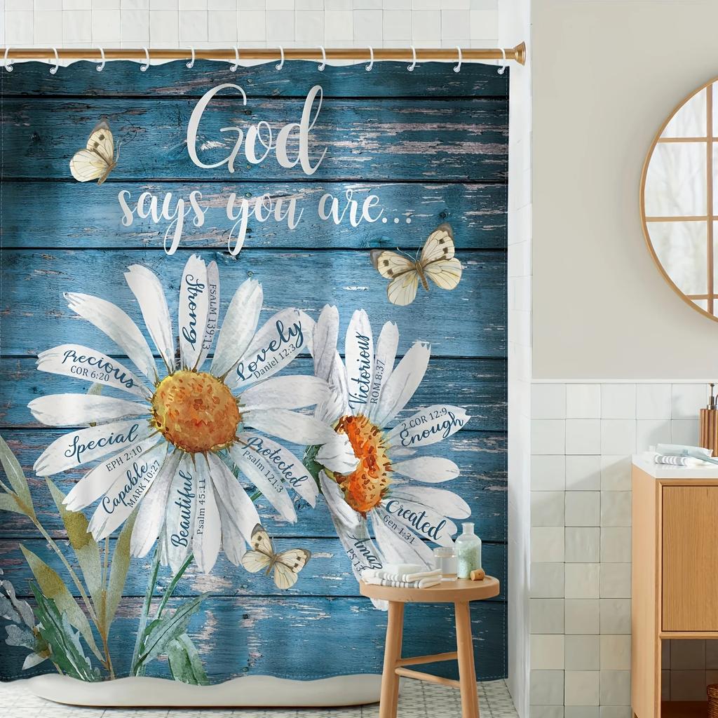 1pc Vintage Daisy Quote Shower Curtain - Farmhouse Wood Panel, Butterfly, Bible Verse, Polyester, 60x71In, 12 Hooks