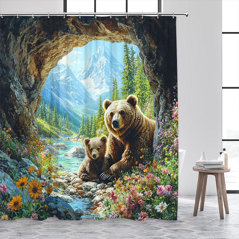 Wild Brown Bear Shower Curtains Nature Cave Animals Mountain Lakes Plants Flowers Bath Curtain Home Bathroom Decor with Hooks