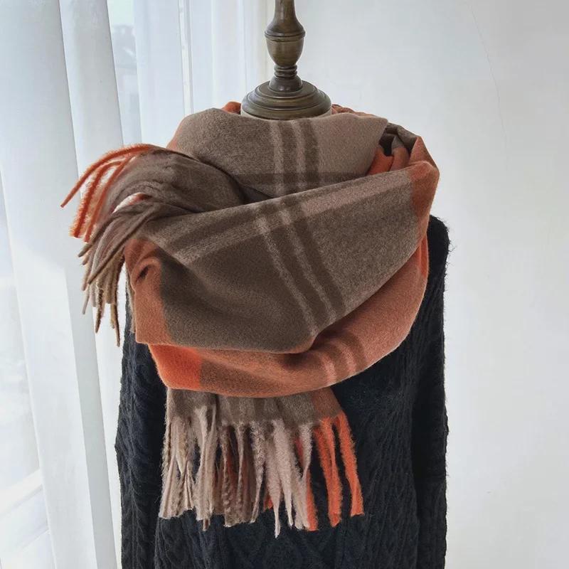 

Женская зимняя клетчатая шаль с кисточками 2024 года — толстый теплый шарф из искусственного кашемира в корейском стиле для студентов и пар 70x180 cm оранжевый/кофейный