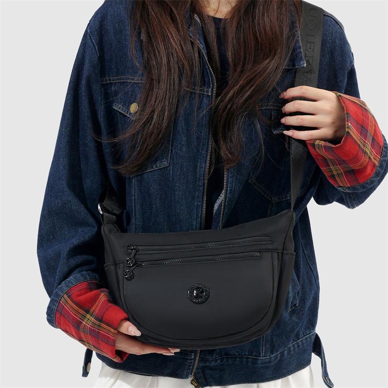 Lightweight Nylon Half Moon Sling Bag with Dual Zipper Pockets Casual Crossbody Waist Pack for Daily Travel