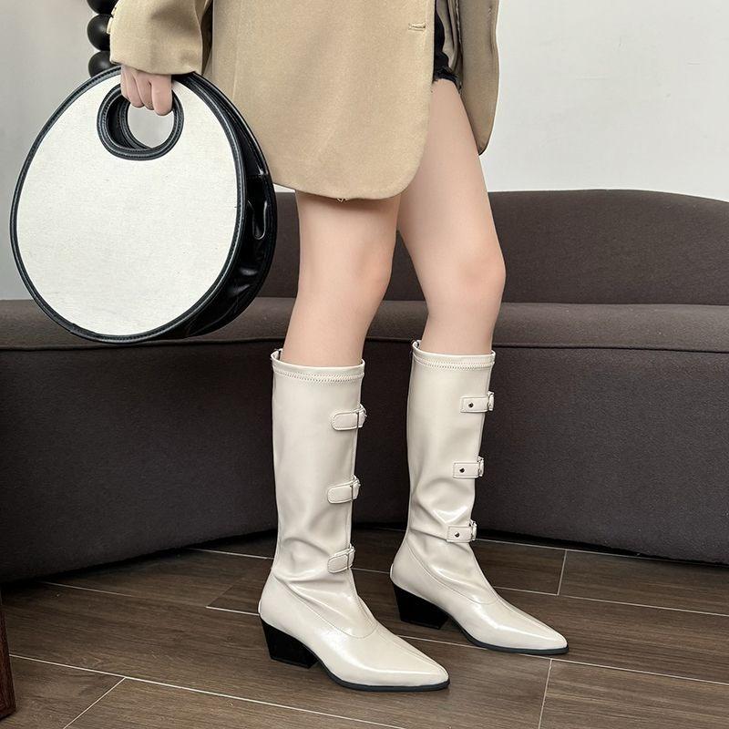 Autumn Winter Pointed Toe Ladies Knee High Shaft Shoes Middle Heel Buckle Leather Women's Long Boots Chic and Elegant Footwear