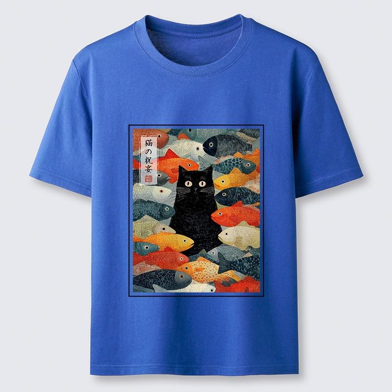 Men's The Cat's Feast of Fish Classic T-Shirt Holiday Summer Short Sleeve Round Neck Tees Casual Loose Multi Color Sports