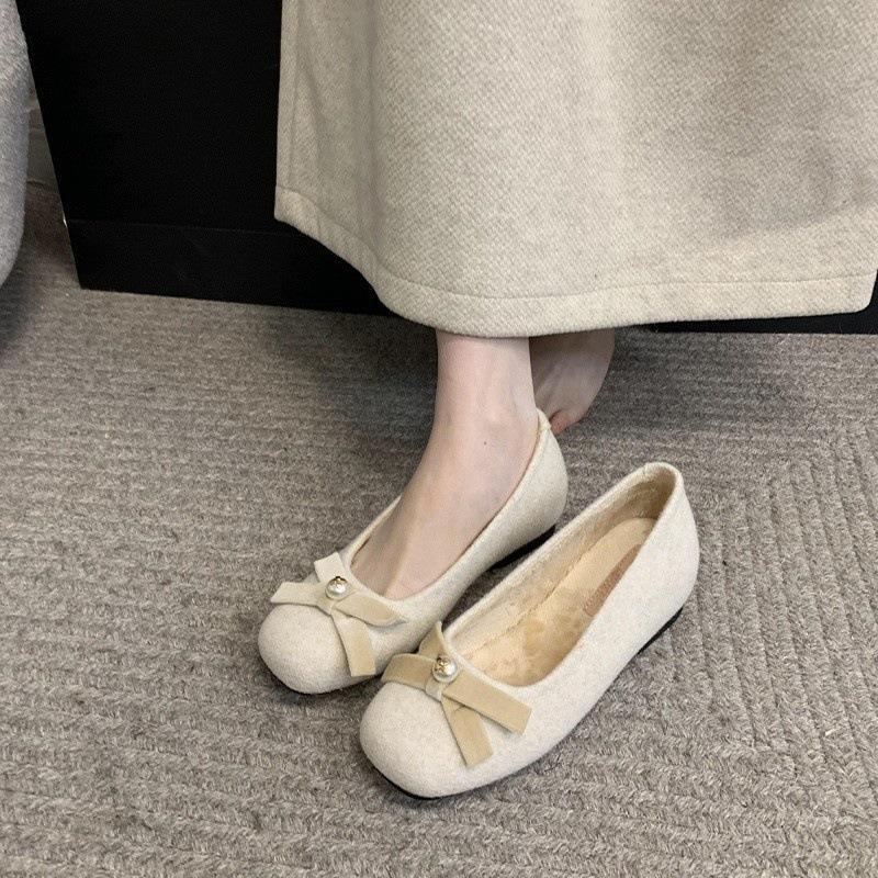 

French shallow mouth inner height increase woolen single shoes autumn and winter new one-pedal bow velvet ladyshoes 39 абрикосовый