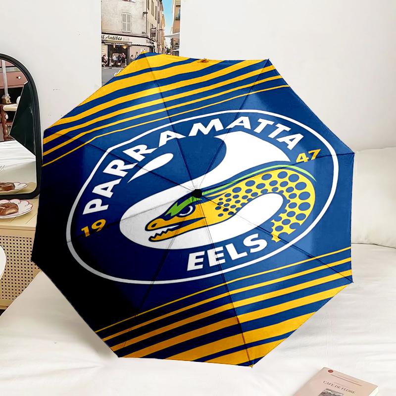 Parramatta Eels Team Crest Automatic Folding Umbrella - 8-Rib Travel Umbrella with Auto Portable Case, Ideal Gift for Birthdays