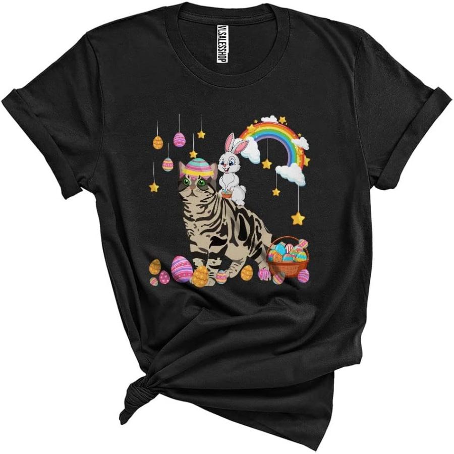 Bunny Riding American Shorthair Cat Cute Cool Easter Day Bunny Cat Hunting Eggs Rainbow Lover Unisex T-Shirt XXXXXL разноцветный