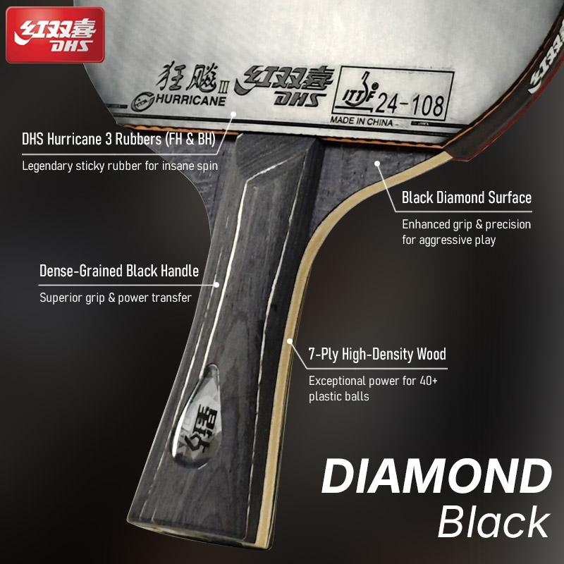 DHS DIAMOND Black 7-vrstvá pálka na stolní tenis s potahy Hurricane 3 - Profesionální pálka Ping Pong pro rotaci & rychlost