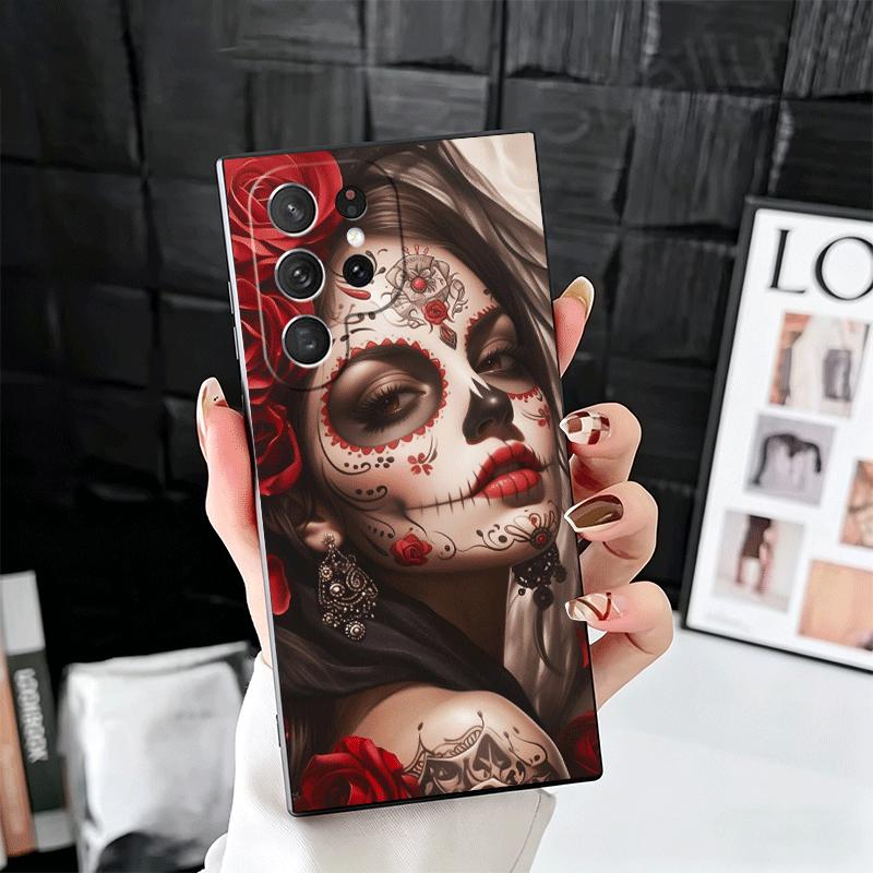 Catrina Beautiful Rose Girl Skull Soft Phone Case for Samsung Galaxy S26 S25 Edge S24 Ultra S23 Plus S22 S21 FE S20 Black Cover