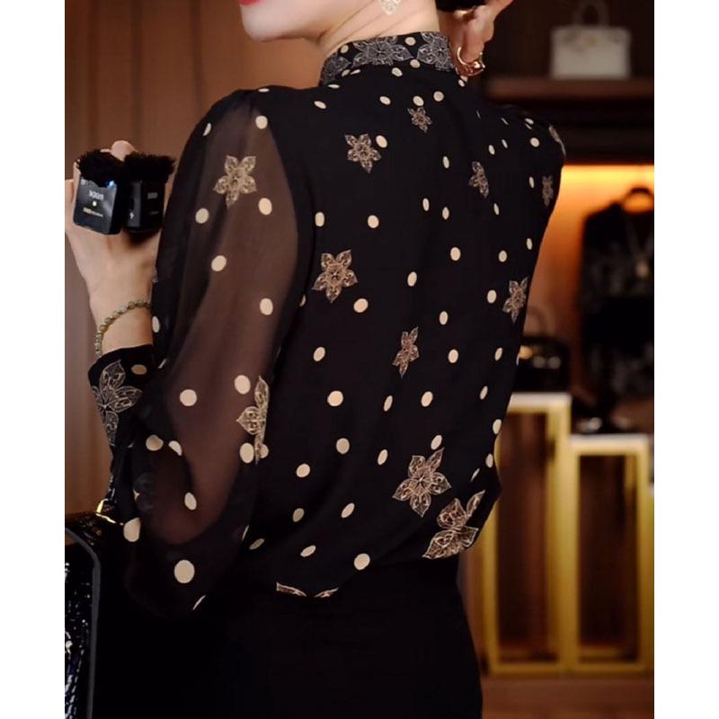 Fashion polka dot printed stand-up collar shirt women's spring and summer new loose meat covering long sleeves foreign style mother clothing thin top