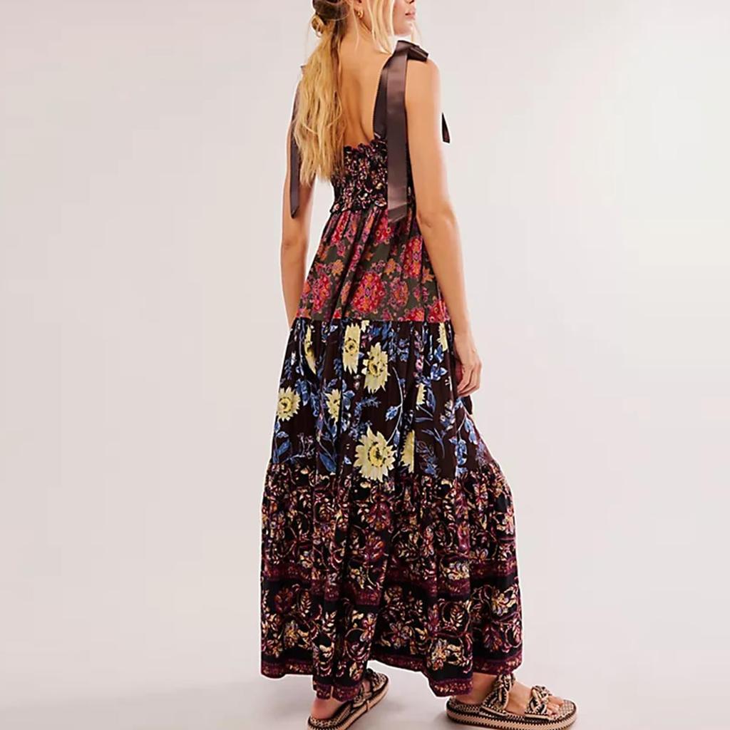 Damen Sommerkleider Fließendes, gesmoktes Maxikleid Ärmellos Binden Schulter Boho Kleider Blumen Strand Sommerkleider