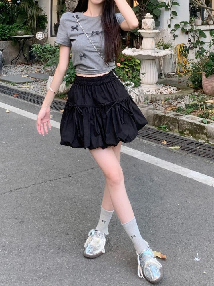 French Sweet Minority Design Sense Bow Flower Bud Skirt Female Autumn 2024 New High Waist Slim A-line Fluffy Casual Skirts