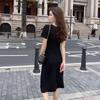 Elegant French Square Neck Black Bodycon Dress with Cinched Waist and High Slit - Summer Goddess Style, Mid-Length Skirt