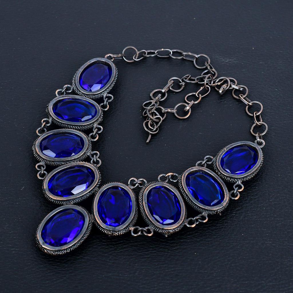 London Blue Topaz 999 Copper Wire Wrapped Necklace with Adjustable Chain, Handmade Gemstone Jewelry Necklace For Memorial Day