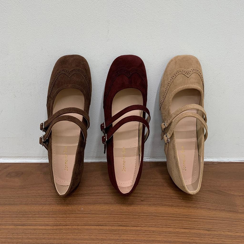 Jonmei for San Nei Heightening Retro Double Buckle with Mary Jane Shoes Single Shoes Autumn New Ballet Beanie Shoes