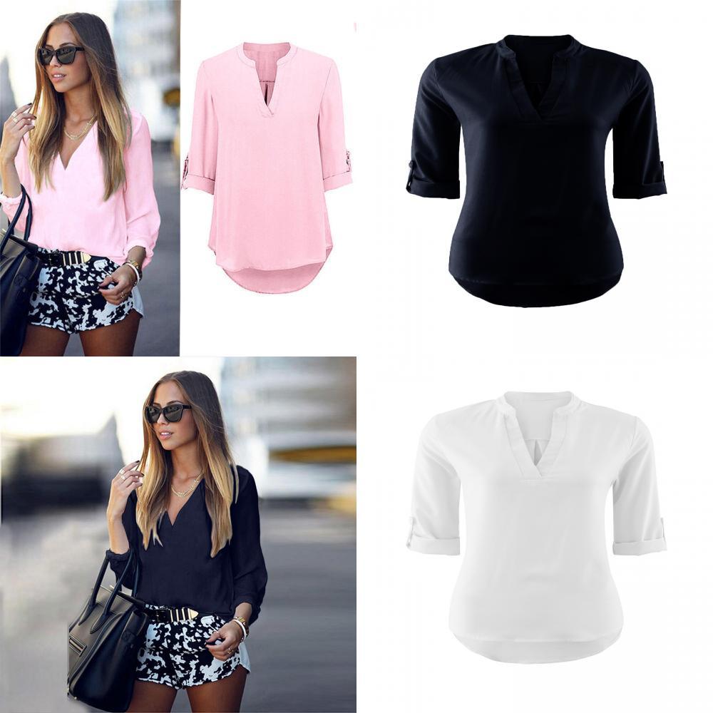 Polyester V Neck Button Front Womens Casual Shirt For Office And Spring Wear