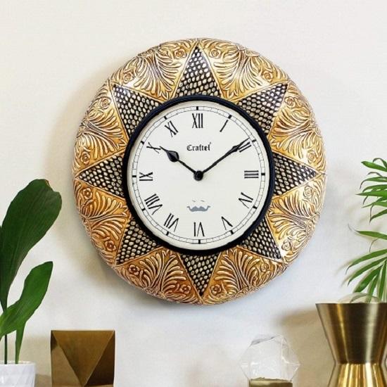 

Brass and Wooden Roman Dial Wall Clock Round Clock for Bedroom Living Room Home and Office