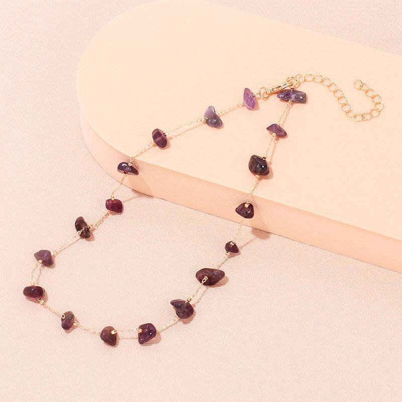 European Cool Tone Amethyst Necklace, Creative Stackable Natural Stone Clavicle Chain