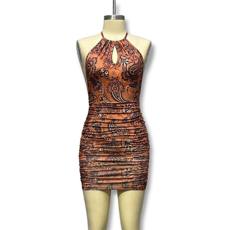 

INS European and American Sexy Backless Print Silm Sheath Dress Short Skirt Sexy Halter Mini Dress Brown S