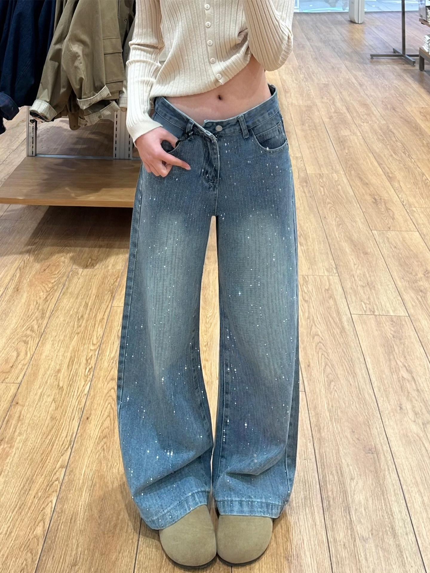 Retro Rhinestone Star Wide-Leg High-Waist Jeans - Women s Plus Size (Spring/Autumn 2026) L