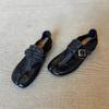 Niche fashionable one-word button deep-mouth small leather shoes women's Barn feng shui washing leather split-toe single shoes