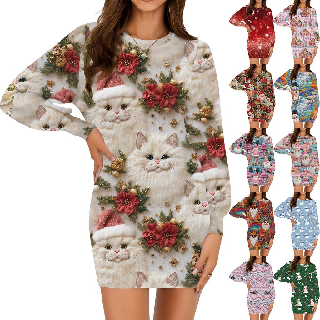 Damenmode Lässig Weihnachts-Print Rundhals Langarm Kleid