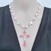 Fashionable Cross Pendant Necklace Pearls Beaded Chain Hiphop Collarbone Chain