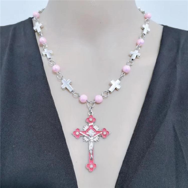 Fashionable Cross Pendant Necklace Pearls Beaded Chain Hiphop Collarbone Chain