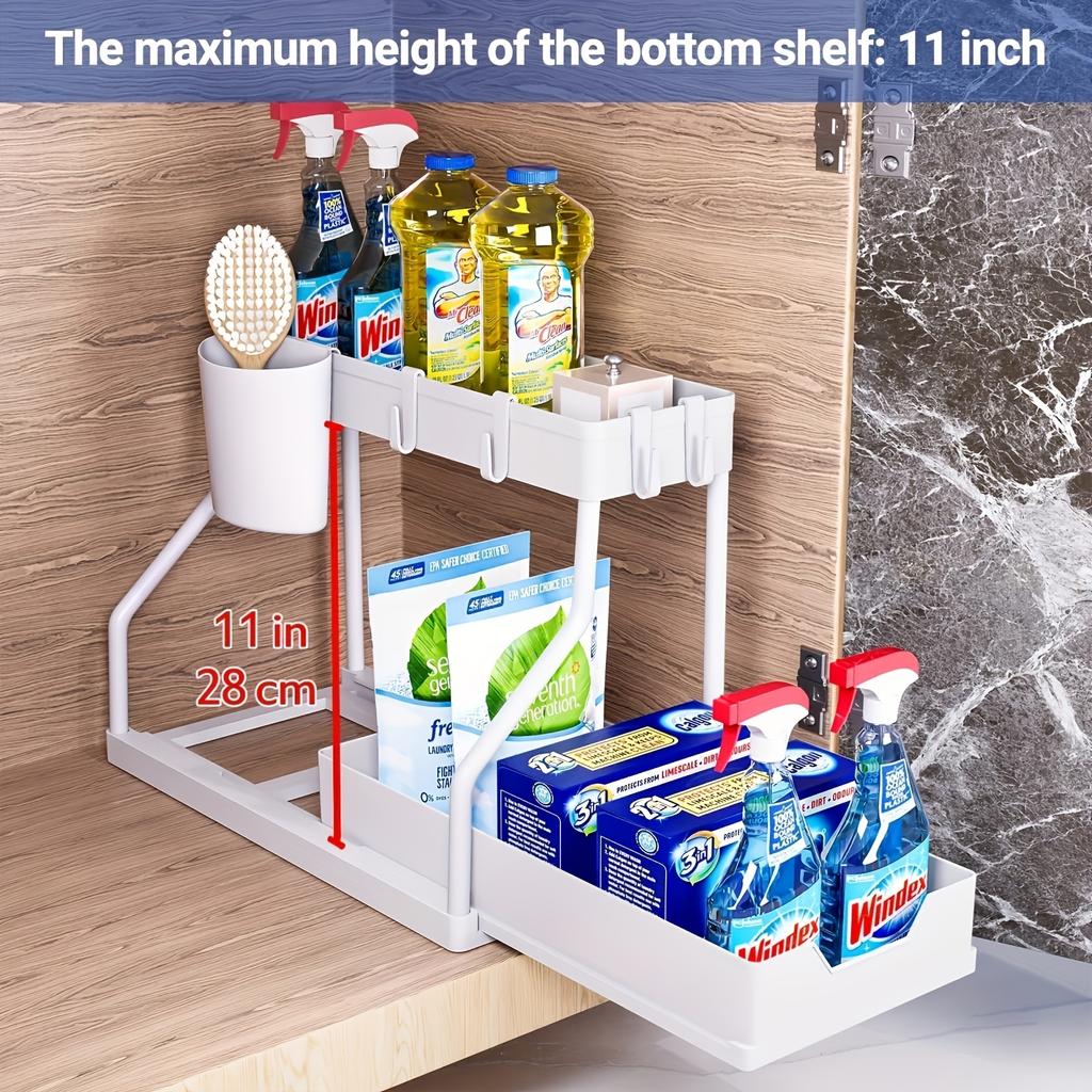 2-Tier L-Shaped Under Sink Organizers (2 Sets), Ideal for Bathroom & Kitchen! With Sliding Drawer & Pull Out Shelves to Maximize