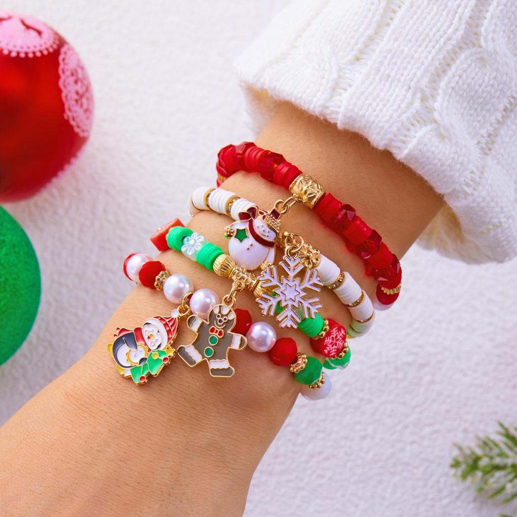 Christmas Santa Claus Deer Braided Bracelet Tree Snowflake Crystal Imitation Pearl Soft Clay Bead Bangles For Women Men Jewelry