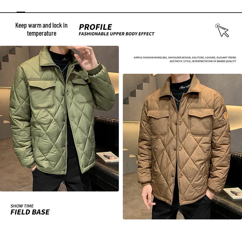 2024 Winter Men's Plus Size Quilted Jacket: Loose Fit, Solid Color, Two-Way Zipper, Warm Cotton