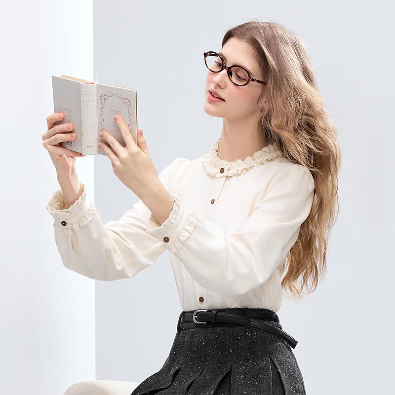 Women's Ruffle Collar Contrast Button Blouse