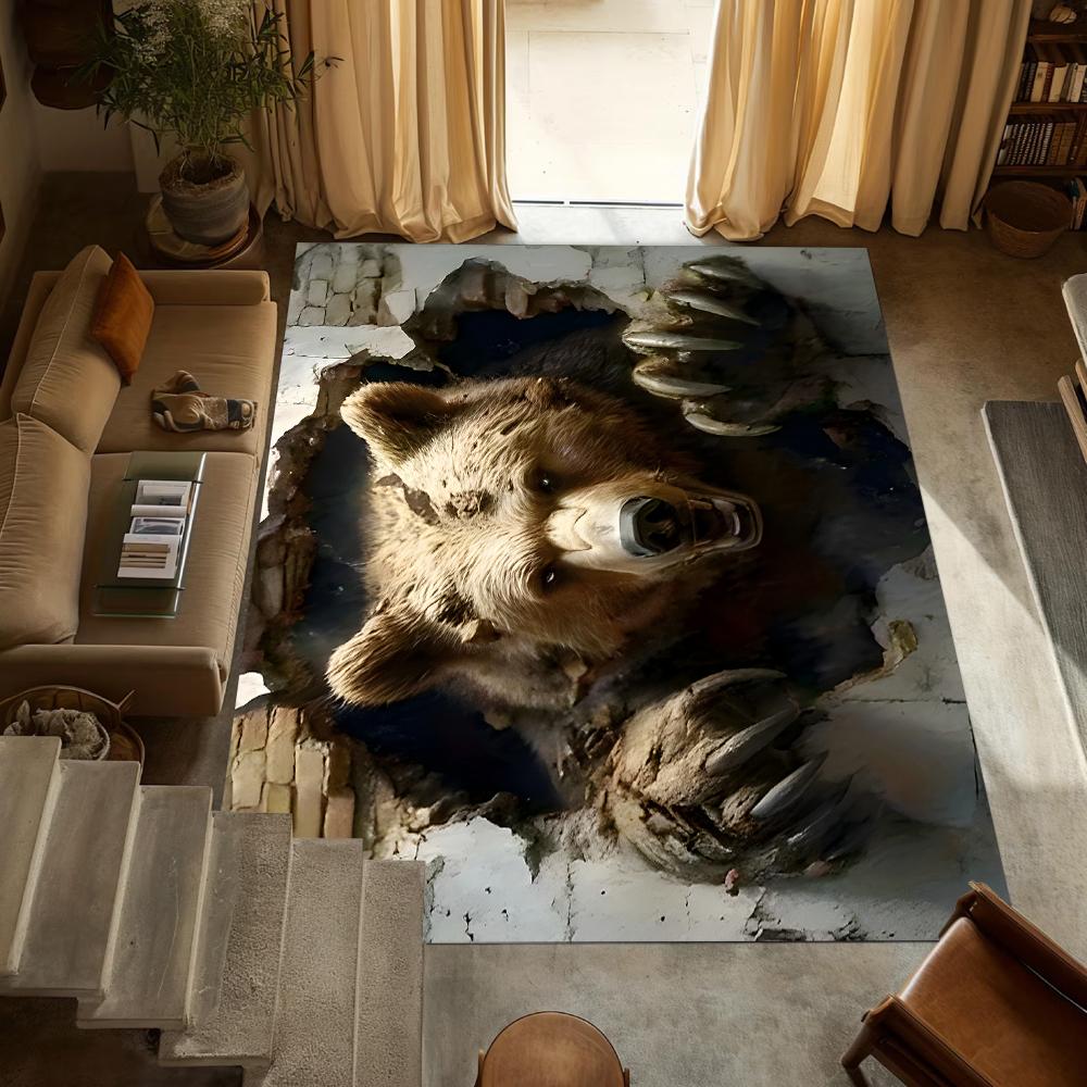 

3D Realistic Bear Rug Brown Bear Emerging From Broken Ground Carpet Unique 3D Illusion Floor Mat for Living Room Home Decor 40x60cm