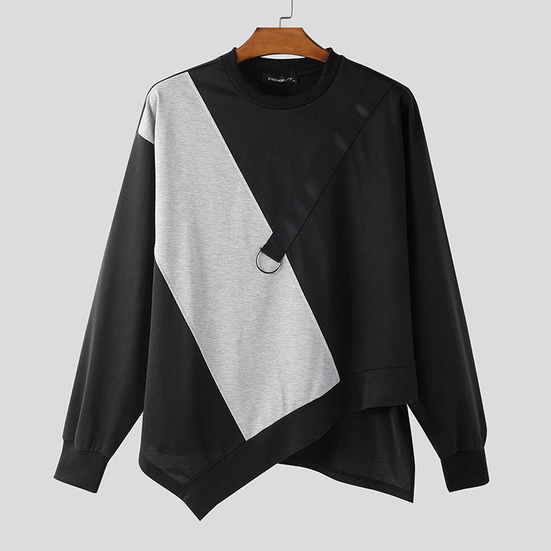 INCERUN T-shirt e Top Casual Larghi da Uomo a Manica Lunga con Patchwork Irregolare e Girocollo