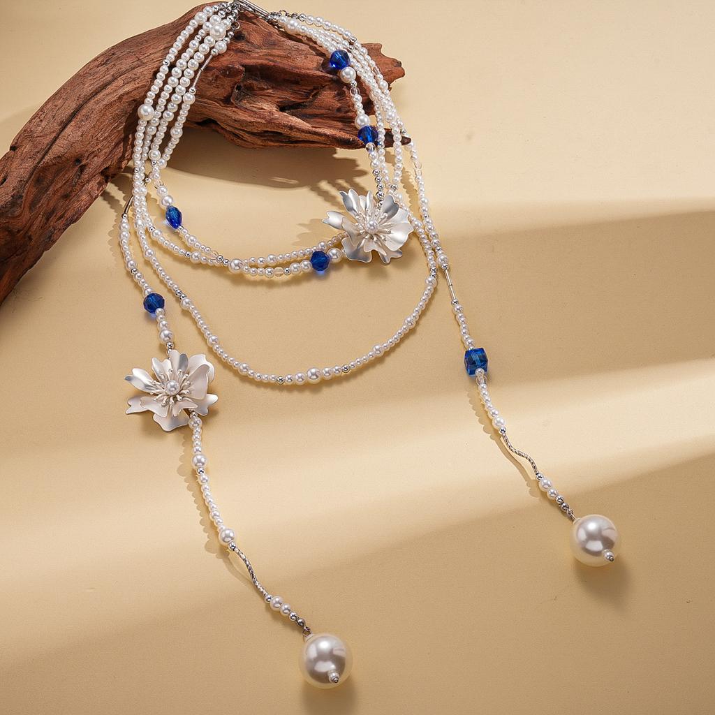 Heavy Industry Glass Pearl Beaded Flower Multi-layer Necklace Sweater Chain Necklace