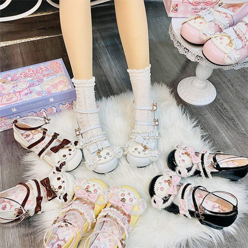 Cute rabbit doll sweet and cute lolita pink single shoes women's low heel round head jk Japanese small leather shoes bow
