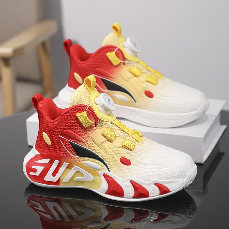 Children's Basketball Shoes Medium and Older Children's Boys Button Running Shoes Spring and Autumn Mesh Breathable Soft Sole Non-slip Sports Shoes