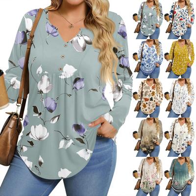 Womens Plus Size Long Sleeve Shirts  V Neck Tunic Tops Basic Loose Fit Tee Tops
