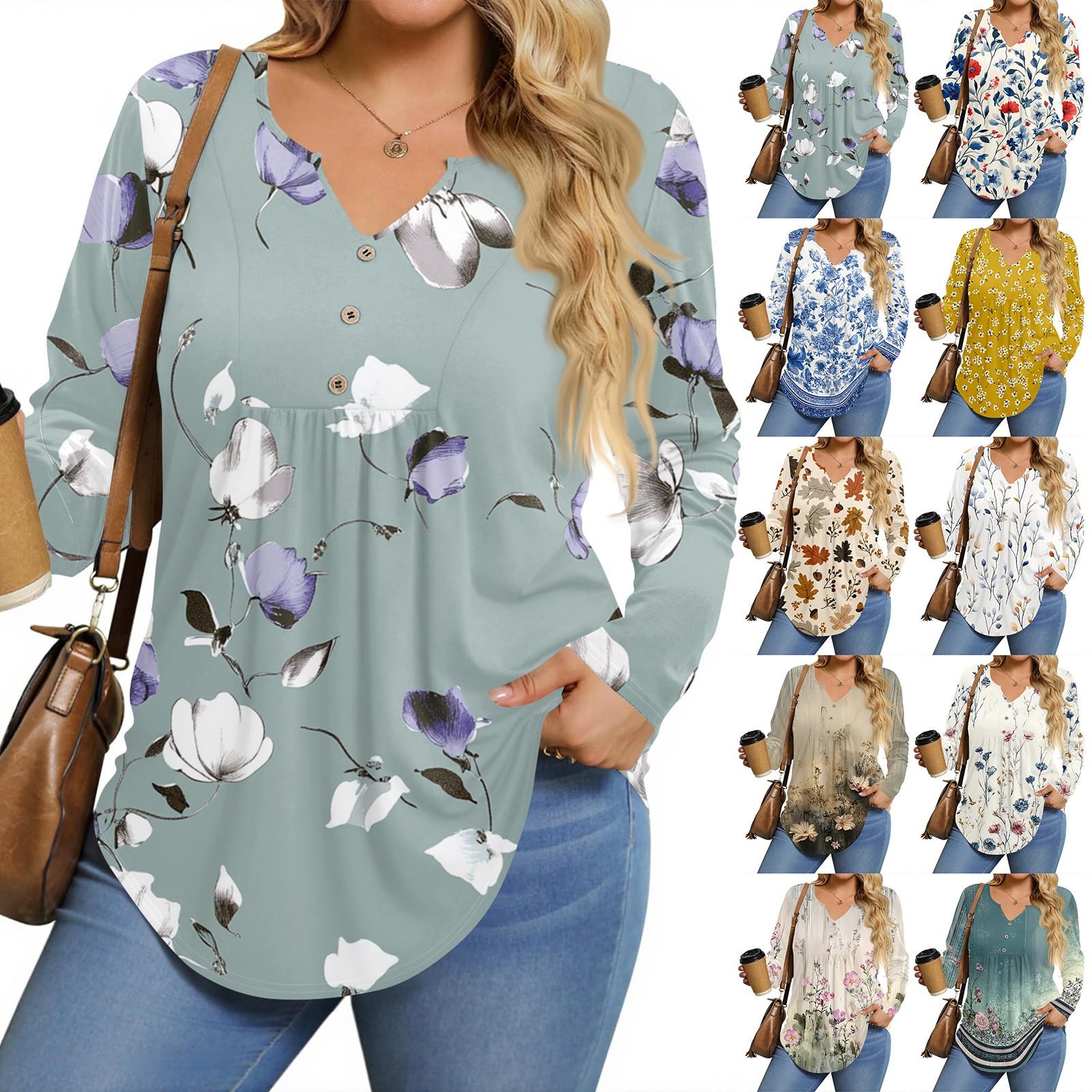 

Womens Plus Size Long Sleeve Shirts V Neck Tunic Tops Basic Loose Fit Tee Tops XL жовтий