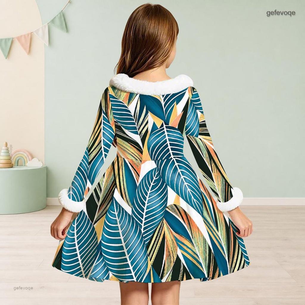 Girls White Furry Collar Long Sleeve Green Blue Leaf Printed Bow Waist A Line Flared Dress