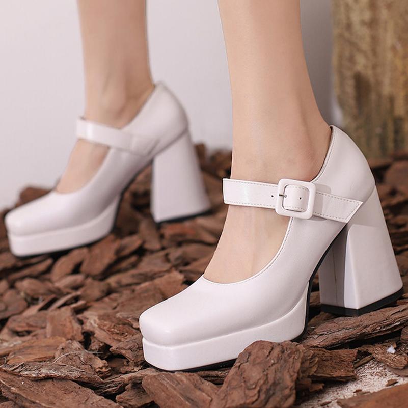 Dámské Pu Kožené Lodičky Platforma Vysoké Kopyto Podpatky Hranatá špička Mary Janes Spona Stručné Párty Jaro Podzim Boty Černá