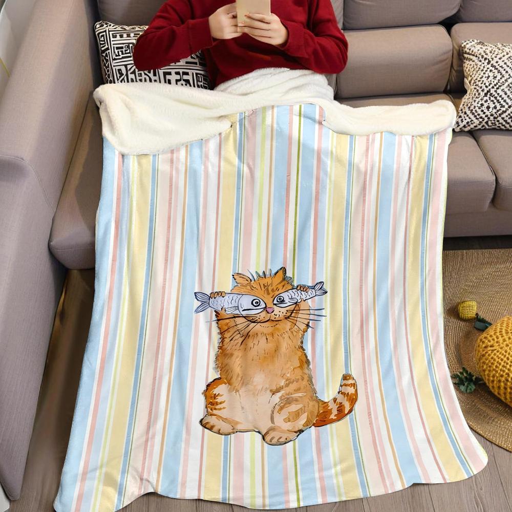 Cat With Fish Flannel Blanket Warm Soft Halloween Christmas Couch Warm Cozy Decorative Decor Gift For All Season