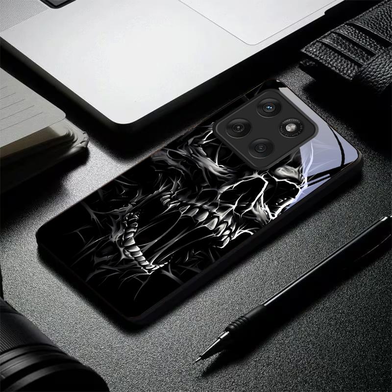Custodia Nera in Vetro per Telefono con Teschio e Spine Gotico per Motorola Moto Edge 60 70 20 Lite 30 Pro 40 50 Ultra X30 Pro G14 G75 G84