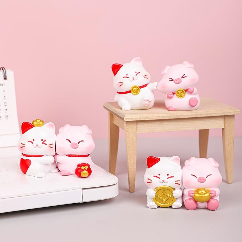 Cute Cat and Little Lucky Pig Figurines, Couple Resin Ornaments, Desktop Decorations, Girls' Gifts