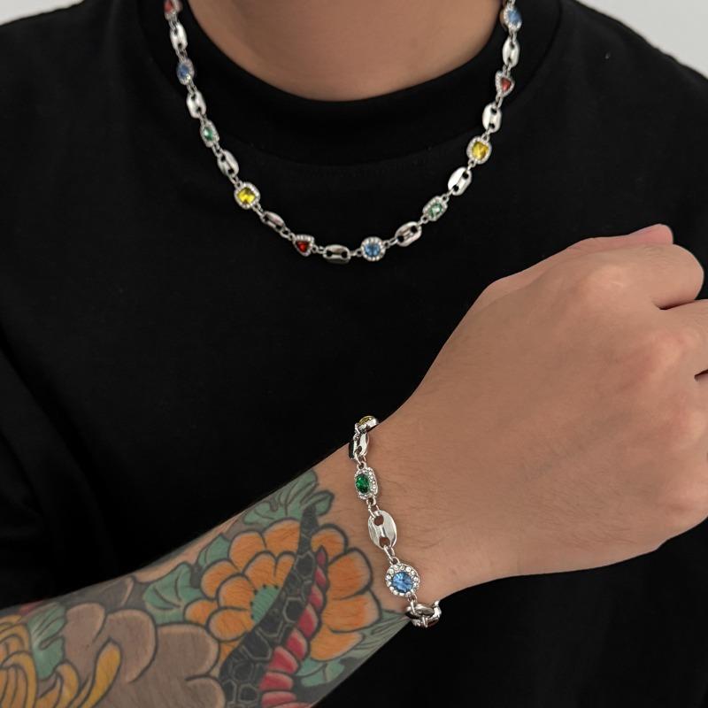 Diamond Necklace Men's Hip Hop Retro Super Shiny Clavicle Chain Easiest for Match Bracelet