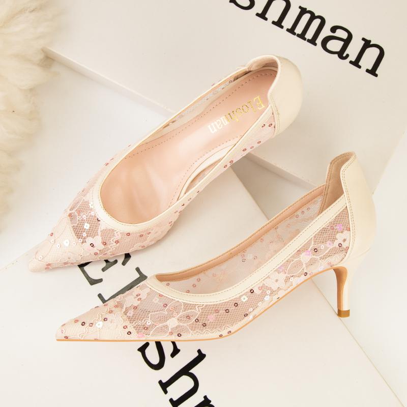 Fashion Women Shoes Black Lace Women Pumps Mesh Hollow High Heels Sexy Party Shoes Stilettos Pointed Toe Female Pumps Tacones