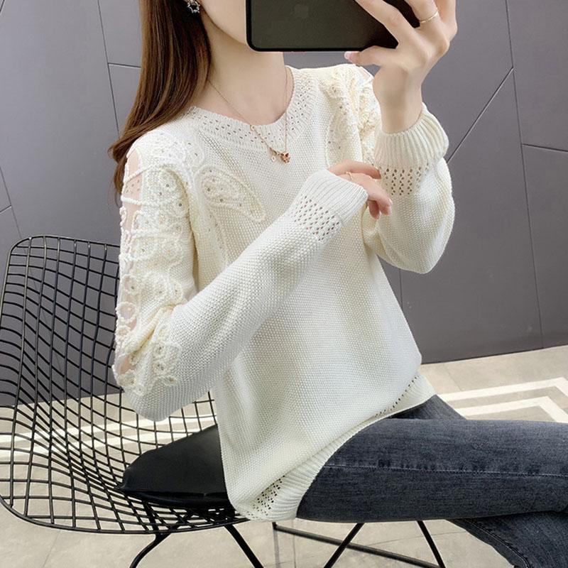 Sweater Women 2025 New Fashion Short Embroidered Pullover Lace Knitwear Thin Loose Openwork Trending Sweater Autumn and Winter