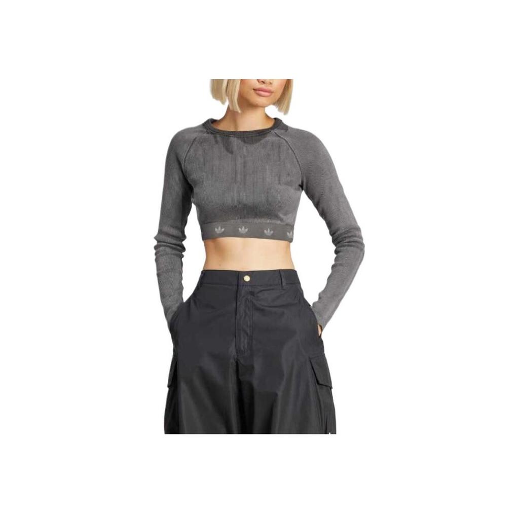 Adidas Womens Ribbed Long Sleeve Crop Top Black Women Streetwear JD0014