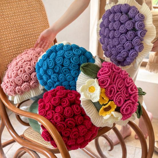 Rose Bouquet Pillow 2-in-1 Decorative Knitted Throw Pillow Blanket Machine Washable Bouquet Cushion for Couch Sofa Bed Anniversary Gift