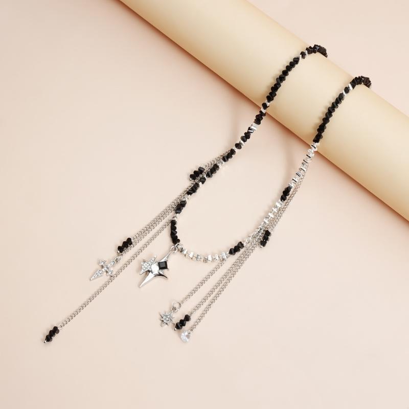 Fashionable Y2K Inspired Necklace Feature Black Beads Star Crucifix And Fringe Detail Clavicle Design For Trendy Women