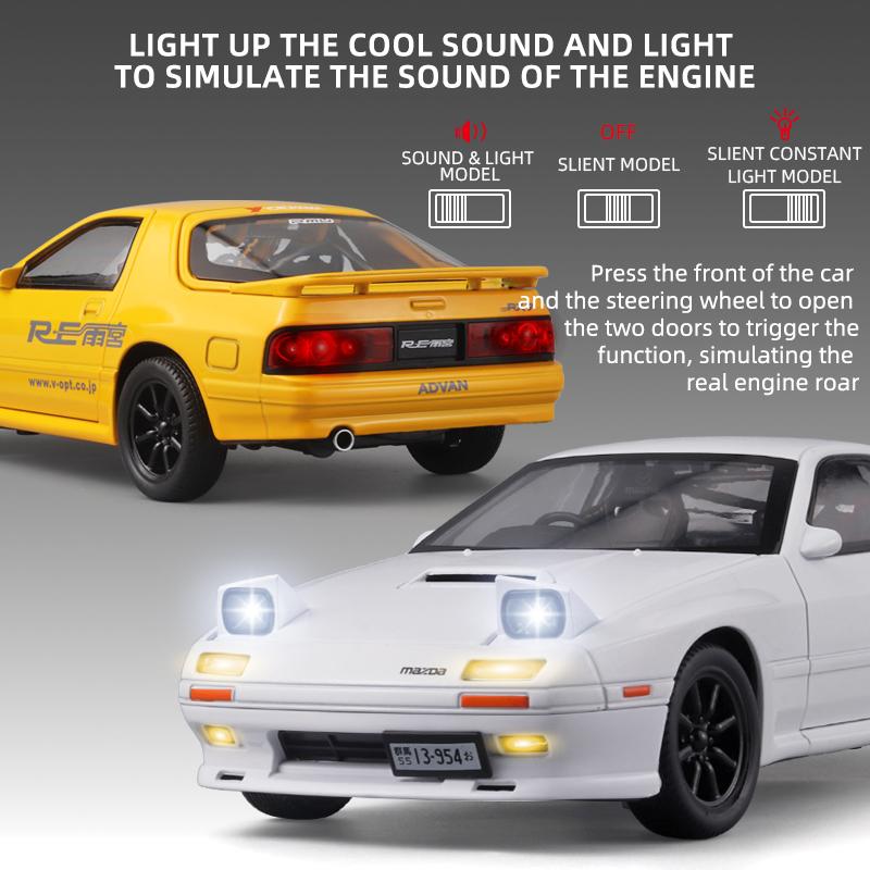 1/24 Mazda RX7 Initial D Diecast Alloy Model Car Metal Sound and Light Model Cars Boys Gifts for Children Hobby Collection